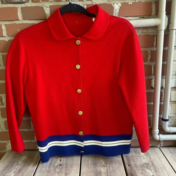 Vintage Sweaters - Women's Vintage Italian 100% Wool Red Blue Striped Cardigan Sweater Size 12
